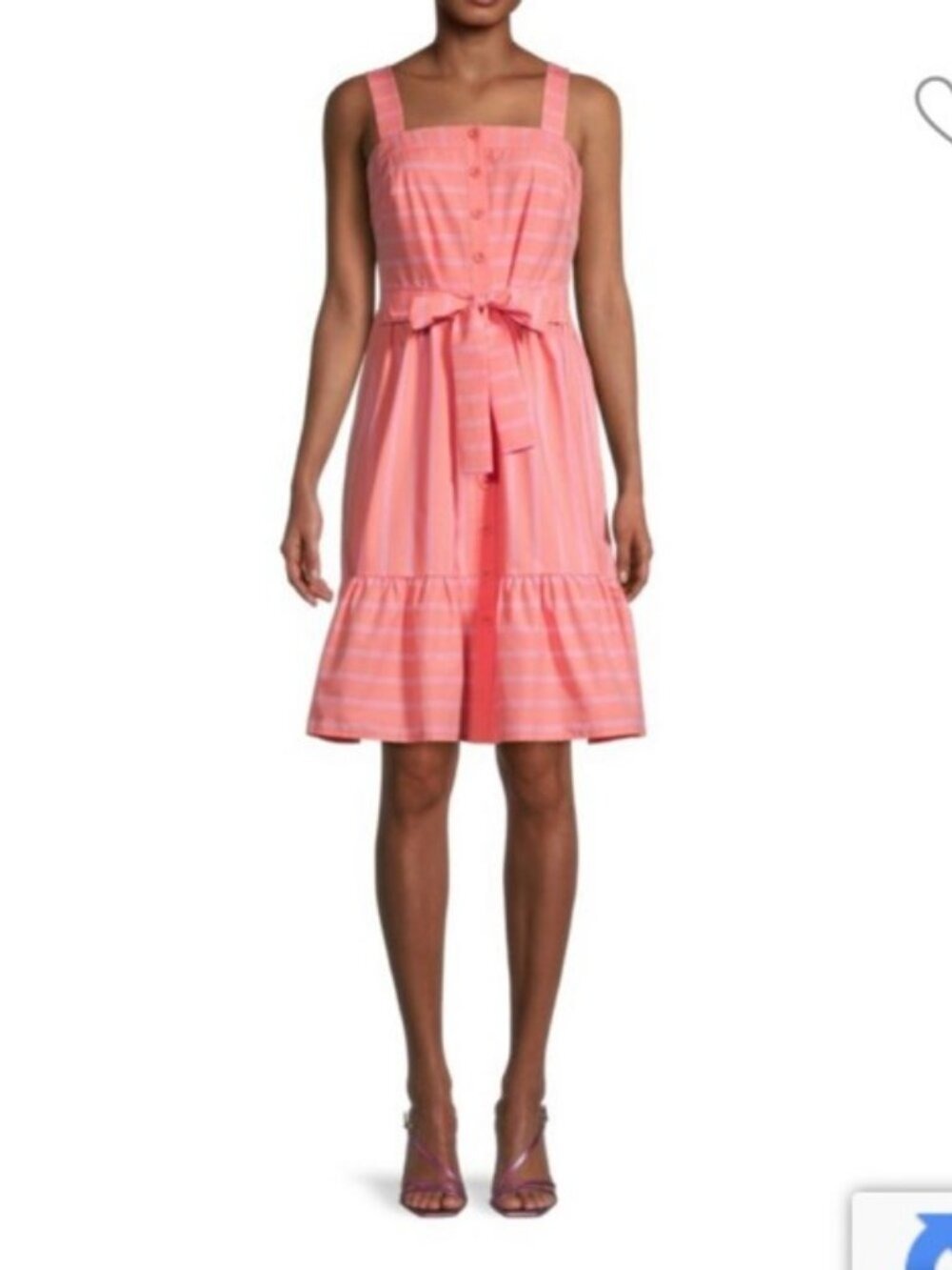 Gal Meets Glam Ariel Pink Stripe Button Tiered Ruffle Knee Length Dress 00